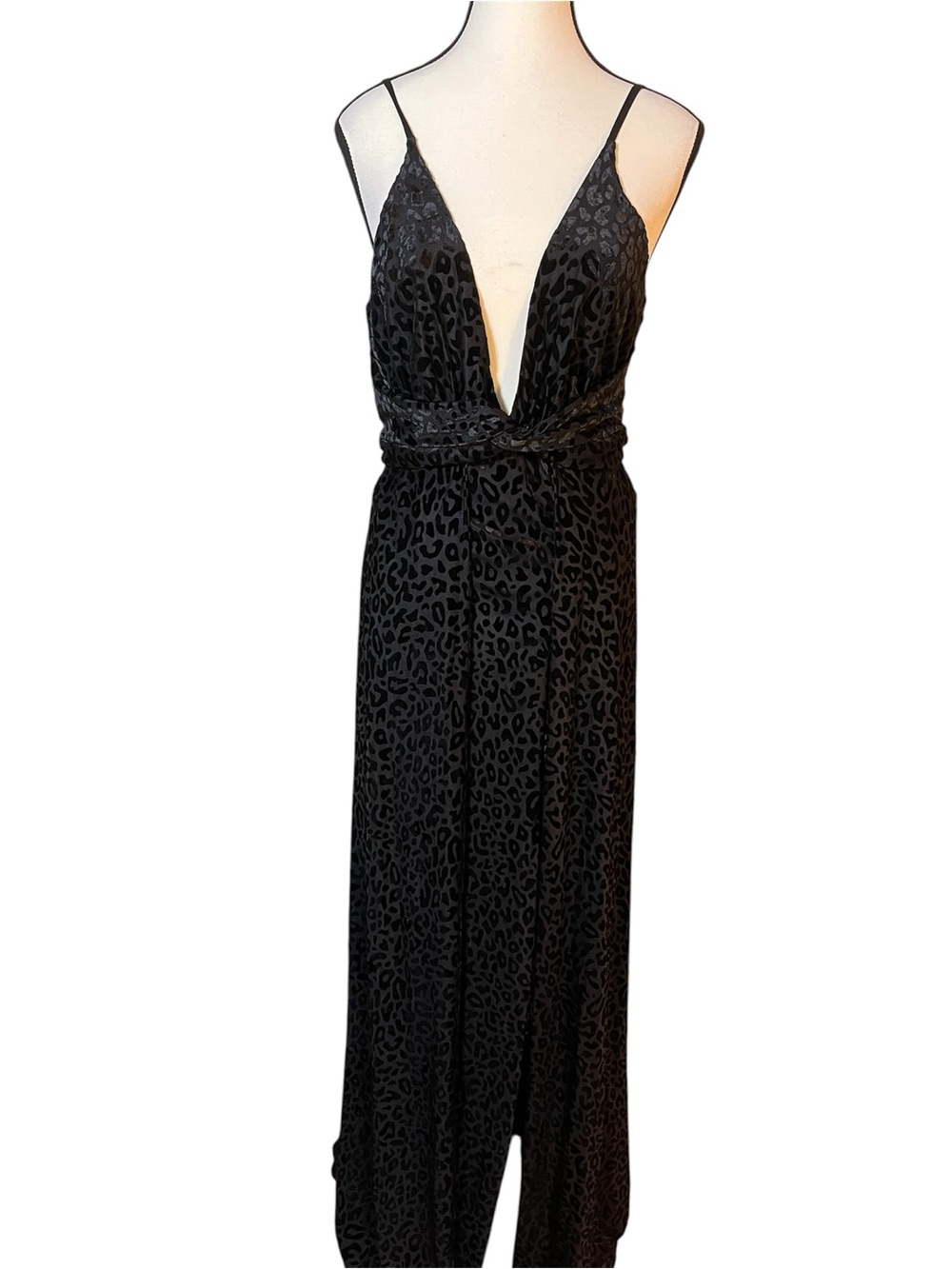 Luxxel Black Cheetah Maxi Dress Gown “Center Stage” Bodysuit Women’s Size M NWT